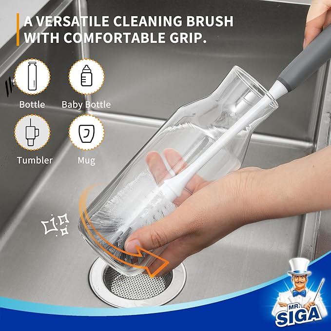 MR.SIGA Long Handle Bottle Brush, Flexible Scrub Brush for Water Bottles, Glasswares, Mugs, Gray, 2 Pack - Bloomnest