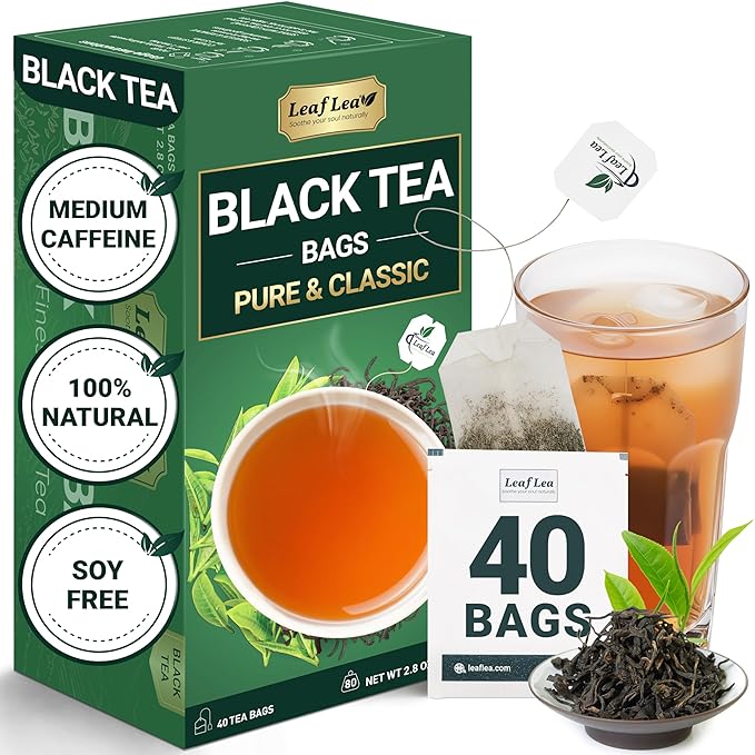 LeafLea 40 Black Tea Bags, Premium Full-Bodied Black Tea Leaves, Strong Robust and Flavoury, Digestive Ease & Natural Alertness with Caffeine, Sugar-Free, Vegan, Individually Wrapped - Bloomnest