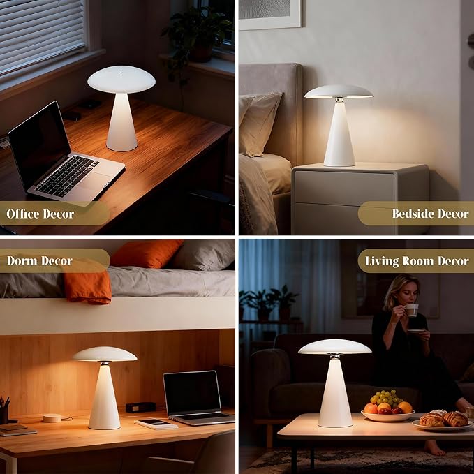 Mushroom Aesthetic Cute Lamp,Magnetic Mid Century Modern Lamp with 3-Mode Lighting for Unique Home Mushroom Decor,Cordless USB Rechargeable Lamps for Bedside/Dorm/Office/Entryway Decor(White) - Bloomnest