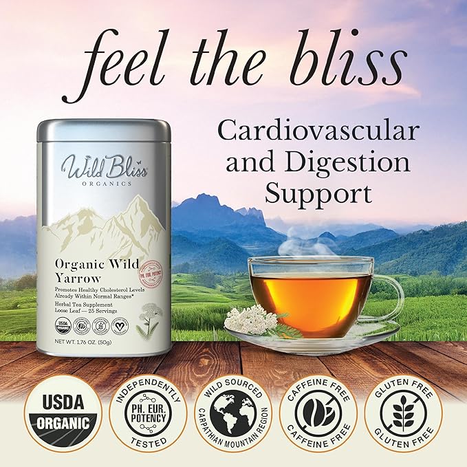 Wild Bliss Organic Yarrow Tea - Caffeine Free Loose Leaf Herbal Tea - Pharmacopoeia Potency - 1.76 Ounces - 25 Servings - Bloomnest