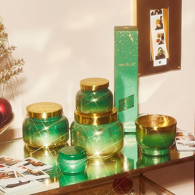 Capri Blue Crystal Pine Scented - Glimmer Inverted Jar Candles - Soy Candles - Holiday Candle with Emerald Green & Gold Ombre Glass Candle Holder (10 oz) - Bloomnest