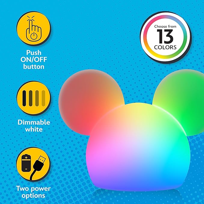 Disney Mickey Mouse Squishy Light, Color Changing, Night Light for Kids, USB Lamp, Battery Operated, Dimmable, Ideal for Bedroom, Playroom, Living Room, and More, 66944 - Bloomnest