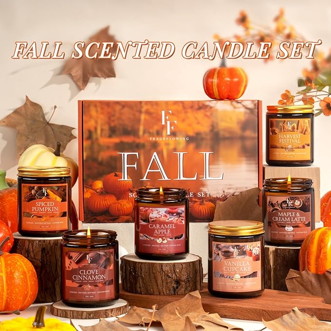 Fall Candles Set, 6 Pack Candles for Home Scented Natural Soy Wax, Autumn Gifts Set for Women Men, Fall Fragrance of Pumpkin/Cinnamon/Vanilla Cupcake/Apple/Harvest/Latte - Bloomnest