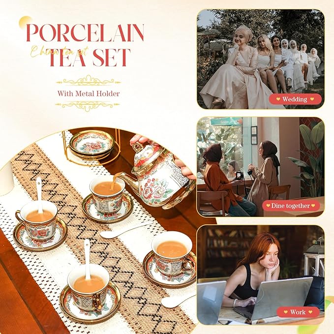 20 Pcs Porcelain Tea Set for Adults with Metal Holder and Spoon European Ceramic Tea Party Set Flower Painting Teapot Cup Saucer for Christmas Women Gifts, Serving 6 People(Classic) - Bloomnest