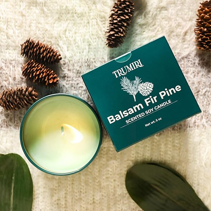 Balsam Fir Pine - Soy Candles for Home Scented - 5oz Natural Clean Non Toxic - for Fall Winter Christmas Holidays - Long Lasting Highly Scented Pet Safe Luxury Tin - Velas Aromáticas para el Hogar TRUMIRI