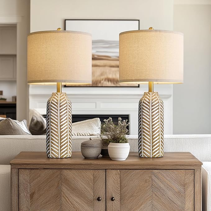 BOBOMOMO 26" Farmhouse Table Lamps Set of 2 - Vintage Leaf Design, Rustic Resin Nightstand Lamps for Bedroom, Living Room, Nursery, Hallway, Elegant Living Room Lamps with Linen Shades Antique Brown - Bloomnest