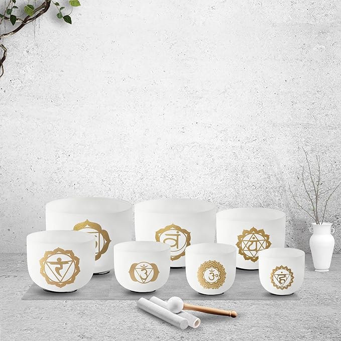RYAN DVAN 432 hz 7-12 Inch Set of 7 Gold Chakra Design Quartz Crystal Singing Bowl Chakra Set with Free 2 pcs Carrying Case - Bloomnest