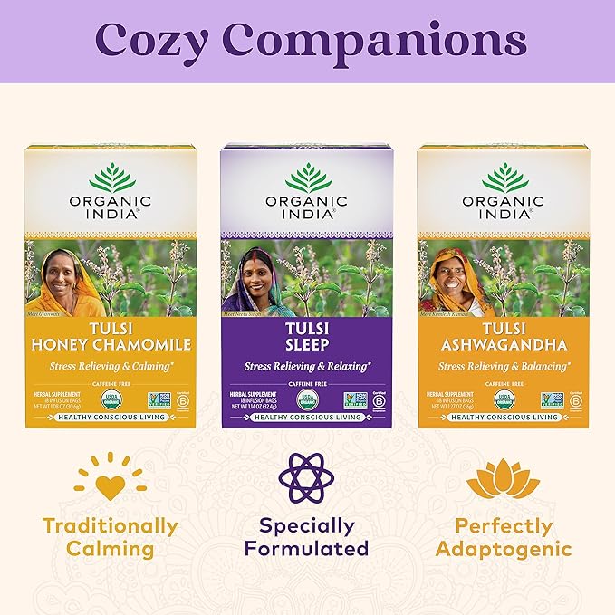 ORGANIC INDIA Tulsi Sleep Herbal Tea - Holy Basil, Ashwagandha, Chamomile, Night Time Tea for Bedtime, Stress Relieving & Relaxing, Immune Support, USDA Certified Organic - 18 Infusion Bags, 3 Pack - Bloomnest