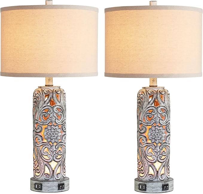 25'' Set of 2 Farmhouse Table Lamps with 2 USB Ports for Living Room Bedroom, Rustic Vintage Table Lamp with Nightlight, Earthy Yellow Hollow Out Resin Lamp for End Table, 2 Bulbs Included - Bloomnest
