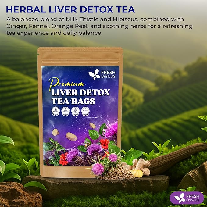 FreshDrinkUS, Premium Liver Herbal Detox Tea – Strong Blend Of Milk Thistle, Hibiscus, Peppermint & Ginger | Fennel, Lemongrass & Orange Peel with Stevia | Vibrant Caffeine-Free Botanical Blend - Bloomnest