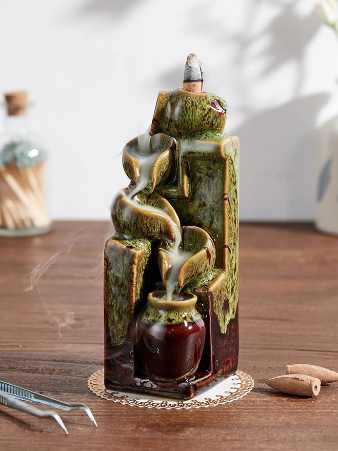 Unique Cascading Basins Ceramic Waterfall Incense Holder, Paired with a Pack of Backflow Incense Cones. (Fambe Green) - Bloomnest