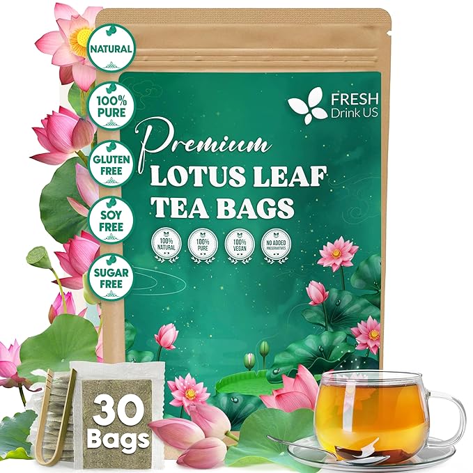 FreshDrinkUS, Premium 30 Lotus Leaf Tea Bags, 100% Natural & Pure from Lotus Leaves. Loose Leaf Lotus Herbal Tea. Made with Eco-Conscious Tea Bags. No Sugar, No Caffeine, No Gluten, Vegan. - Bloomnest