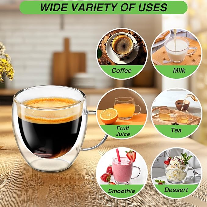 Espresso Cups Set of 4, 5 OZ Expresso Shots Glass Cups, Double Walled Glass Coffee Mugs with Handles, Espresso Machine Accessories, Insulated Espresso Shot Glasses, Clear Nespresso Cup for Cappuccino - Bloomnest