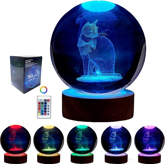 Cat Crystal Ball Lamp, 3.15 inch 3D K9 Crystal Ball Night Light with Wooden Base, 16 Color Change with Remote Control - Bloomnest