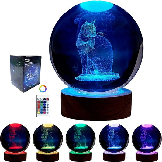 Cat Crystal Ball Lamp, 3.15 inch 3D K9 Crystal Ball Night Light with Wooden Base, 16 Color Change with Remote Control - Bloomnest