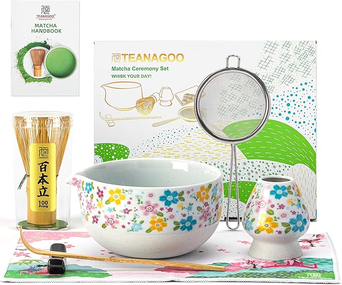 TEANAGOO Matcha Whisk Set,7 Pcs Matcha Set White,Ceremony Matcha Kit,Matcha Tea Set for Making Latte,Ceramic Bowl(chawan) whith Spout and Whisk,Gift for Matcha Lovers - Bloomnest