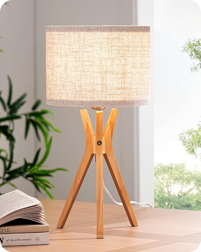 EDISHINE Tripod Table Lamp, 17.5" Modern Bedside Lamp with Natural Wood-Colored Lamp Legs & Beige Linen Lampshade, Boho Nightstand Lamp for Bedroom, Living Room, Reading Room, E26 Base - Bloomnest