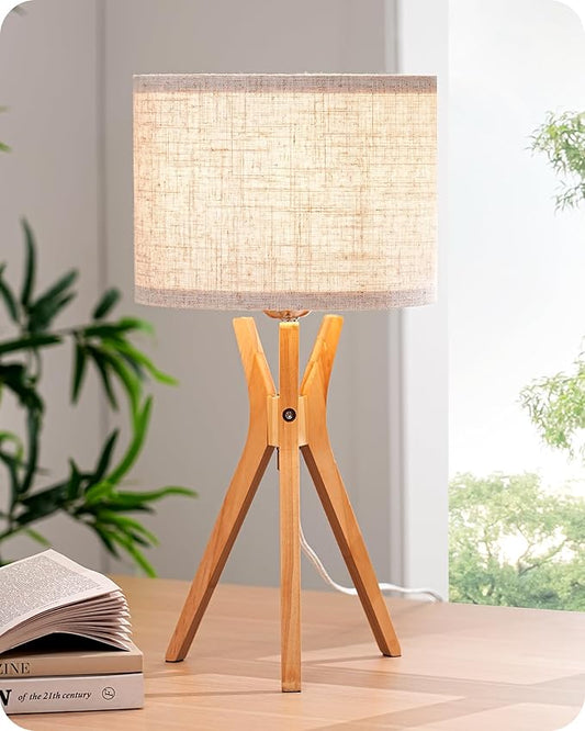 EDISHINE Tripod Table Lamp, 17.5" Modern Bedside Lamp with Natural Wood-Colored Lamp Legs & Beige Linen Lampshade, Boho Nightstand Lamp for Bedroom, Living Room, Reading Room, E26 Base - Bloomnest
