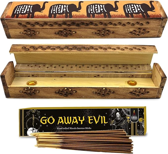 SOUL STICKS Handmade Carved Incense Burner | Wooden Coffin Box with Storage Includes | Wood Incense Stick Burner | Witchcraft Accessories for Meditation, Cleansing Negativity - Elephants - Bloomnest