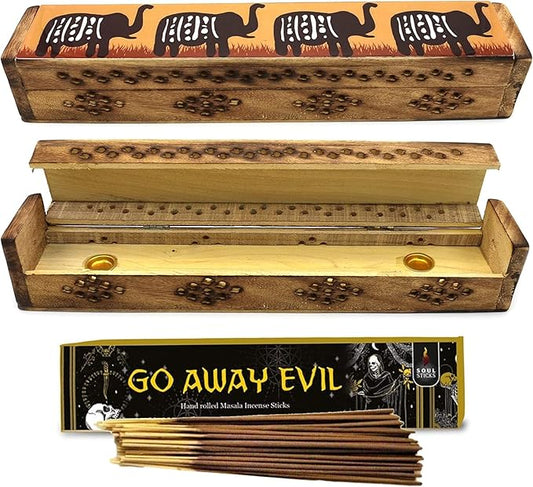 SOUL STICKS Handmade Carved Incense Burner | Wooden Coffin Box with Storage Includes | Wood Incense Stick Burner | Witchcraft Accessories for Meditation, Cleansing Negativity - Elephants - Bloomnest