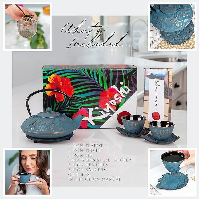 7PC Japanese Tea Set. "Blue Butterfly" Cast Iron Tea Pot with 2 Tea Cups, 2 Saucers, Tea Infuser and Teapot Trivet. Ceremonial Matcha Accessories