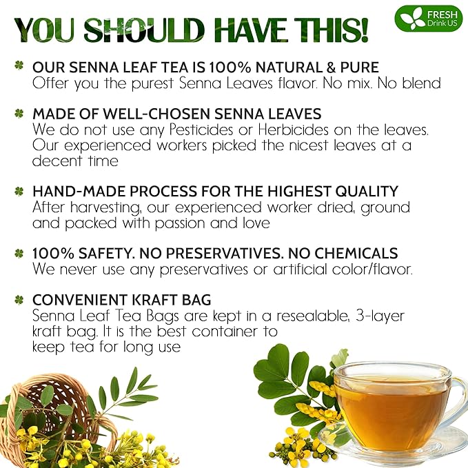 FreshDrinkUS, Premium 135 Senna Leaf Tea Bags for Constipation, Supports Your Cardiovascular System, 100% Natural & Pure. Loose Leaf Senna Herbal Tea, Made with Natural Material Tea Bags. Non GMO, No Sugar/ Caffeine/ Gluten, Vegan. - Bloomnest