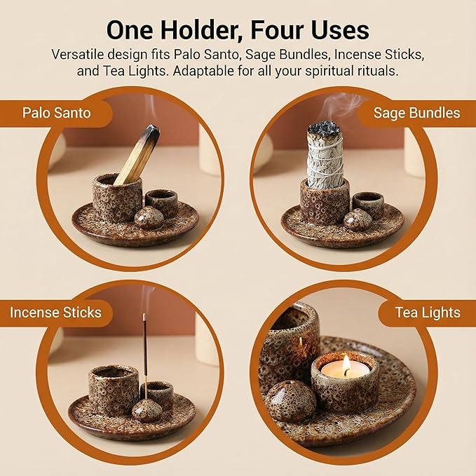 Palo Santo Sticks Holder, Multi-Purpose Handmade Ceramic Incense Burner for Palo Santo Incense Sticks, Sage Holder for Burning, Ash Catcher Tray for Meditation Yoga Room-Brown White ToolSentryX