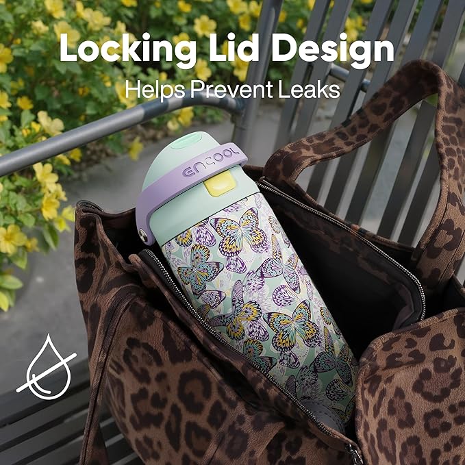 ENCOOL Leakproof Insulated Water Bottle with Straw Dual-Sip Water Bottle Bag-Safe Design for Work, Commute & Gym – Keeps Drinks Cold All Day, 32 oz, Mosaic Butterfly ENCOOL