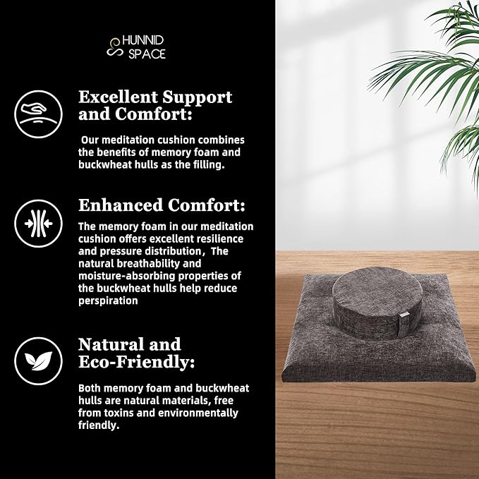 Meditation Zafu Cushion Set with Buckwheat Hulls & Memory Foam - Ergonomic Support for Yoga & Sitting - Removable Machine-Washable Luxury Velvet Cover - for Adults and Kids (Cl03-Brown)