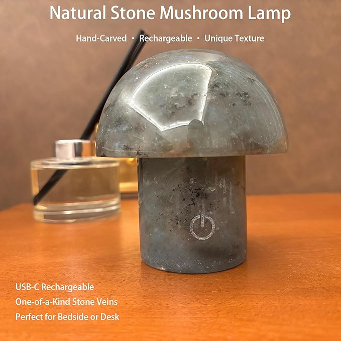 Handcrafted Onyx Mushroom Lamp - 4.3" x 4.7" Natural Marble Stone Night Light with 3-Level Brightness, Rechargeable Touch LED Accent Light for Bedroom, Office, Gift - Bloomnest
