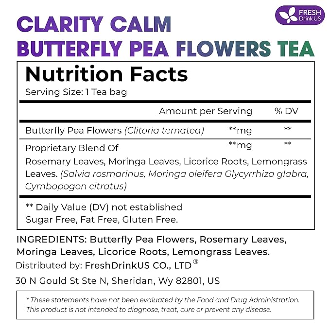 FreshDrinkUS, Clarity Calm Butterfly Pea Flower Tea – 60 Tea Bags Herbal Blend of Butterfly Pea Flower, Rosemary, Moringa, Lemongrass & Licorice Root – Caffeine-Free. Sugar-Free. Gluten-Free. Vegan - Bloomnest