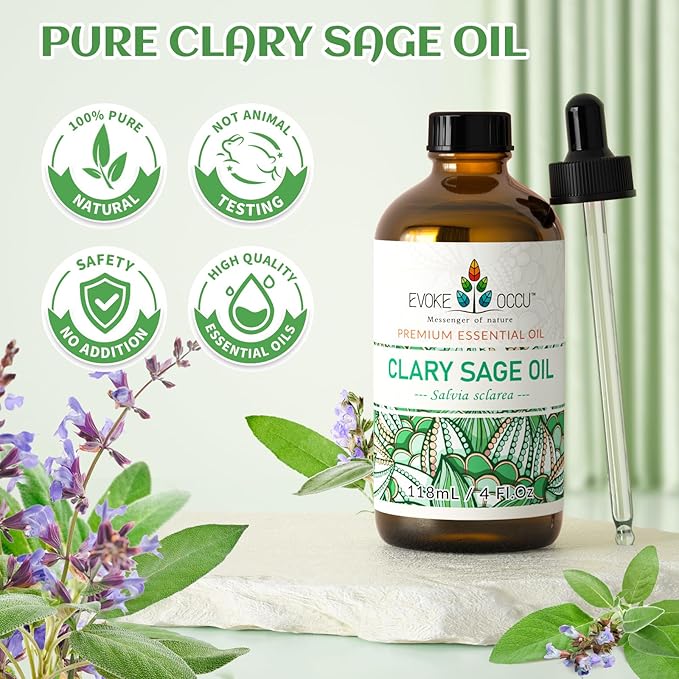 EVOKE OCCU Clary Sage Oil Essential Oil for Anxiety Relief, Moisturize Skin, Air Freshening, Add to Spray and Diffuser - 4 FL Oz - Bloomnest