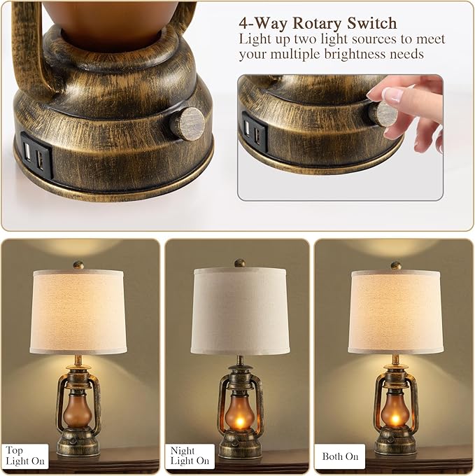 RORIANO Set of 2 Farmhouse Lantern Table Lamps for Living Room with 2 USB Charging Ports, Rustic Vintage Nightstand Lamps with Nightlight for Bedroom End Table Entryway, 4 Bulb Included - Bloomnest