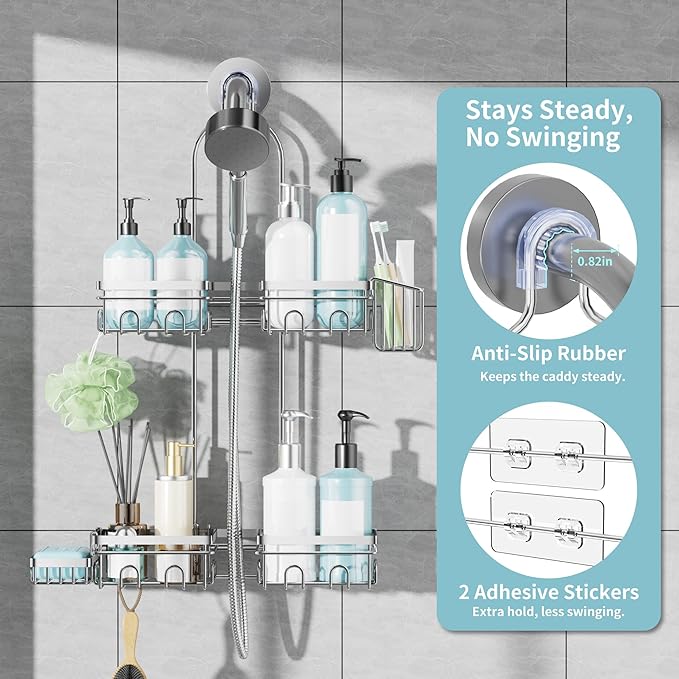 KEGII Shower Caddy Hanging for Handheld Showerheads, Rustproof Hanging Shower Organizer with Soap Dish, Toothbrush Holder and Hooks, Over Showerhead Caddy for Bathroom, Silver - Bloomnest