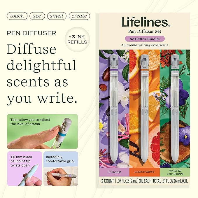 Lifelines Pen Diffuser Set, Nature's Escape 3-Pack – 1mm Black Ballpoint Pens with Scented Essential Oil Blends – Aromatherapy Diffuser & Sensory Immersion Diffuse Aroma As You Write - Bloomnest