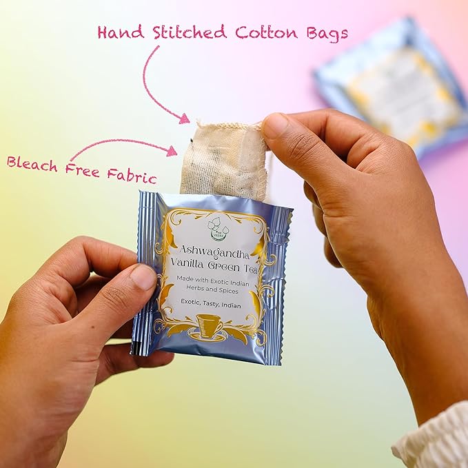 THE VEDAS Ashwagandha Vanilla Green Tea | Green Tea | Biodegradable Cotton Teabags | 40 Tea Bags(Pack of 2) - Bloomnest
