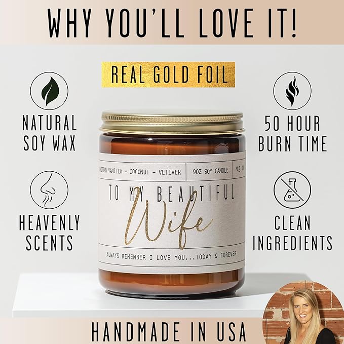 Wedding Anniversary Gifts for Wife, Wife Gifts - "To My Beautiful Wife" Soy Candle, w/Vanilla, Coconut & Vetiver I Gift for Wife from Husband I Anniversary Gifts for Women I 50Hr Burn, Made in USA - Bloomnest