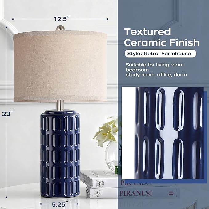 PARTPHONER 23" Farmhouse Modern Ceramic Table Lamp Set of 2 - Navy Blue Bedside Lamps for Bedroom & Living Room, Nightstand, Desk, End Table - Bloomnest