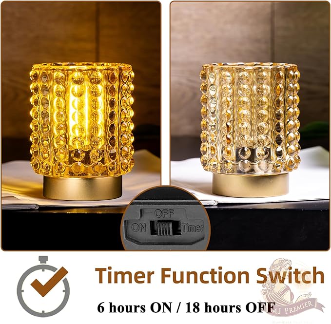 Battery Operated Lamp with Timer, Mini Crystal Table Lamps for Home Decor, Small Cordless Lamp for Areas No Outlets, Glass Battery Powered Lamps for Entryway, Bedroom, Bathroom, Shelf, Corner(Yellow) - Bloomnest