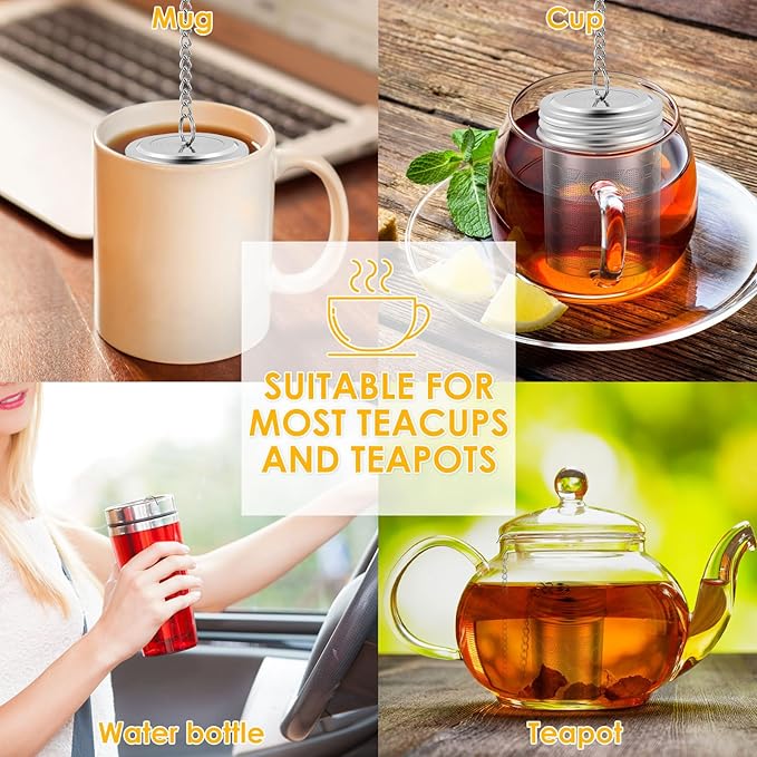 4PCS Tea Infuser Strainers with Drip Tray 304 Stainless Steel Tea Filter Strainer with Chain Hook Fine Mesh Tea Infuser Steeper Reusable Tea Strainers Easy to Use for Loose Tea Mulling Spices
