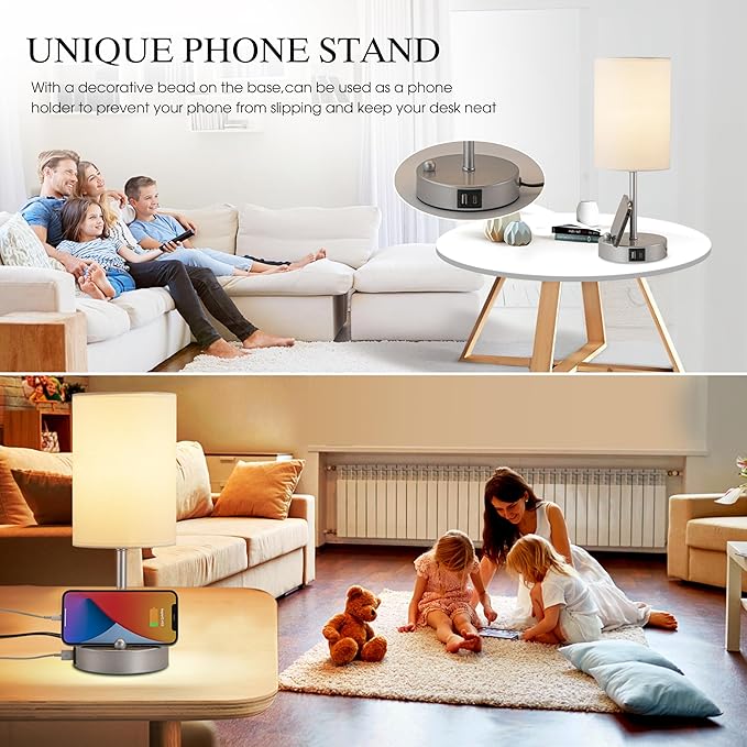 Briever Touch Control Table Lamp for Bedroom, 3-Way Dimmable Nightstand Lamp with USB Charging Ports, Bedside Desk Lamp with Silver Base Phone Stand & Linen Fabric Shade, Bulb Included - Bloomnest