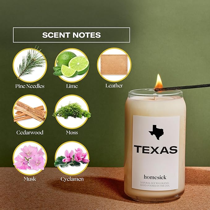 Homesick Scented Candles for Home (Texas) - 13.75 oz Long-Lasting Soy Wax Jar Candle for Women & Men for All Occasions, 60-80 Hours Burn Time - Notes of Pine Needles & Lime - Bloomnest