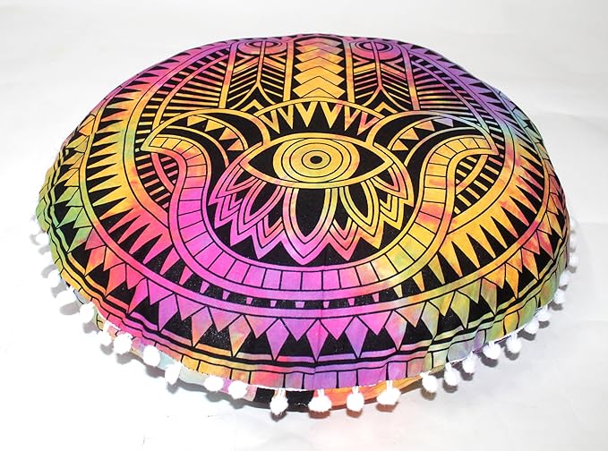 CRAFT KALA Boho Large Floor Pillow Pouf Cover Mandala Meditation Room Pillow Cover for Adults Round Bohemian Seating Pouf Cushion Cover for Kids Playroom 22" Multi Hamsa - Bloomnest