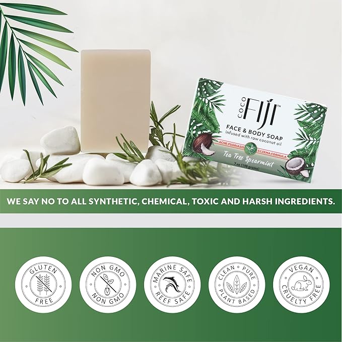Coco Fiji Soap Bar for Face and Body Infused With Organic Coconut Oil, Tea Tree Spearmint, Essential Oil, Natural Soap for Moisturizing & Pore Purifying Skin, 7 oz,Pack of 12