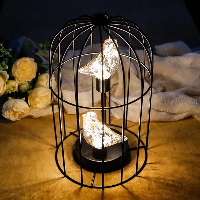 JHY DESIGN Birdcage Decorative Lamp Battery Operated 12" H Cordless Table Lamp with Warm White Fairy Lights Bird Bulb for Indoor Bedroom Living Room Home Wedding Xmas(Black) - Bloomnest
