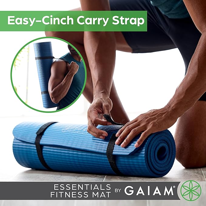 Gaiam Essentials Thick 2/5" (10mm) and Thin 1/4" (6mm) Yoga & Pilates, Fitness & Exercise Mat with Easy-Cinch Carrier Strap