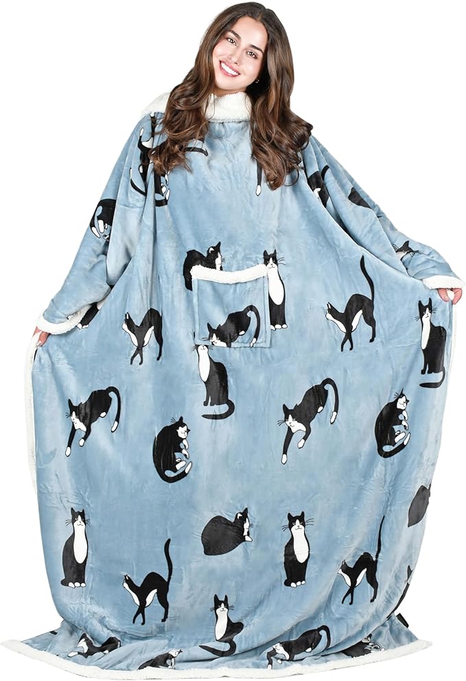 Tirrinia Sherpa Wearable Blanket With Sleeves, Full Body Throw Reading Wrap TV Blankets - Bloomnest