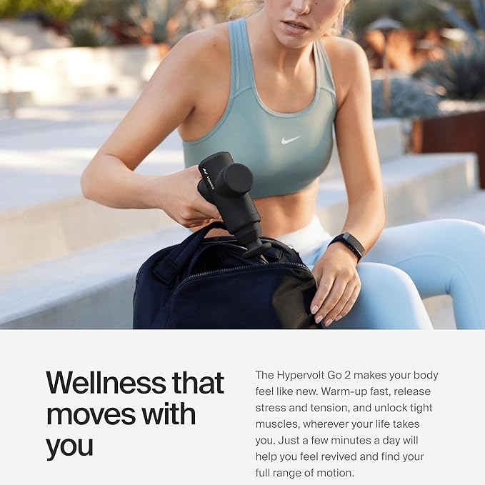Hyperice Hypervolt Go 2 - Black - Featuring Quiet Glide Technology - Handheld Percussion Massage Gun - 3 Speeds, 2 Interchangeable Heads - Helps Relieve Sore Muscles and Stiffness - FSA-HSA Eligible - Bloomnest
