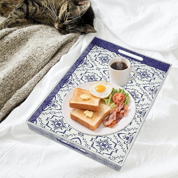 Serving Tray with Handles, 15.7 * 11.8 inches, Plastic Ottoman Tray with Exquisite Paintings, Trays for Coffee Table - Bloomnest