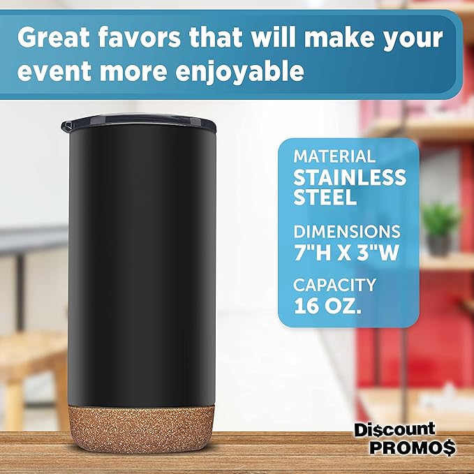 DISCOUNT PROMOS Travel Tumblers with Cork Bottom 16 oz. Set of 10, Bulk Pack - Double Wall Insulated, Matte Finish, Perfect for Iced Coffee, Soda, Other Beverages - Black - Bloomnest